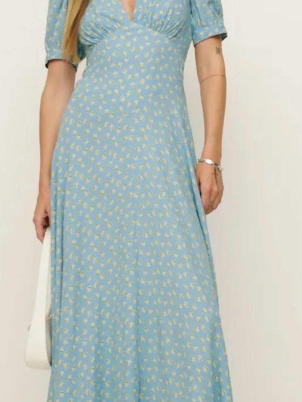 Reformation Naira Floral Midi Dress Puff Sleeve, Deep V-Neckline, Size 4